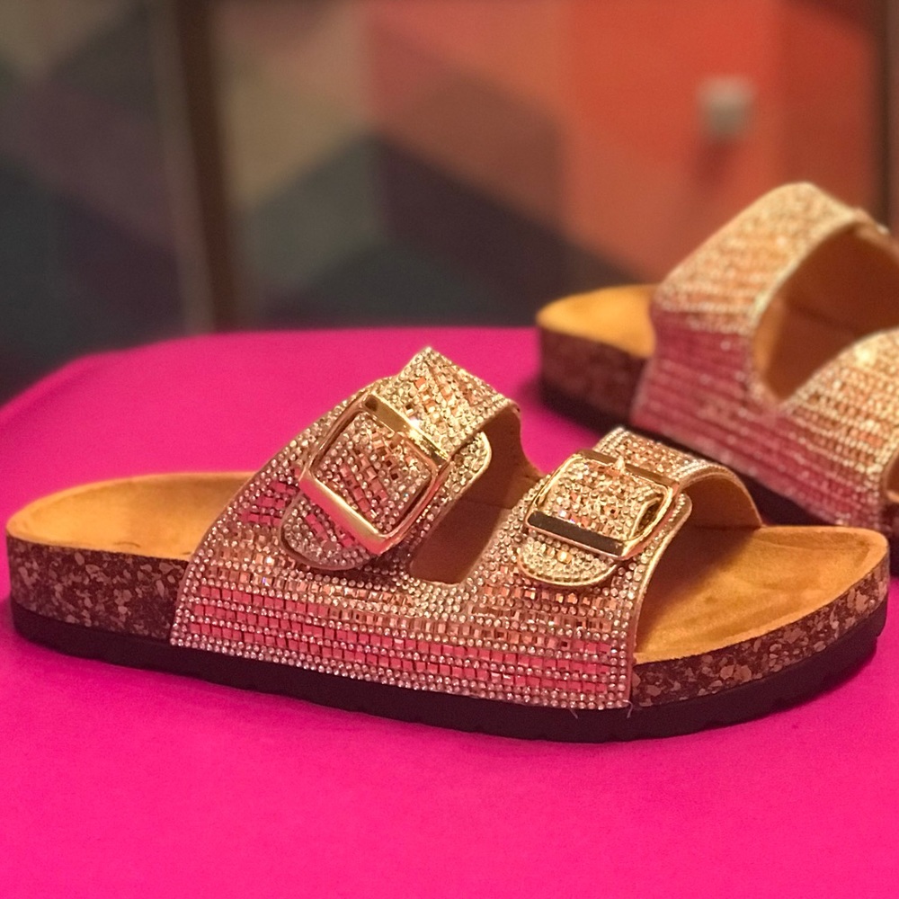 Italina Rhinestone Jewel Double Buckle Strap Cork Slide Contoured Sandal - Picture 7 of 15